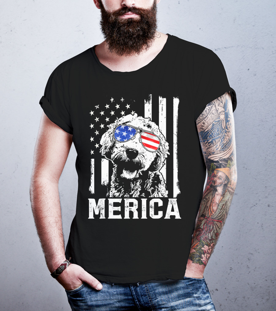 Merica Goldendoodle With American Flag Sunglasses And Stripes T-Shirt