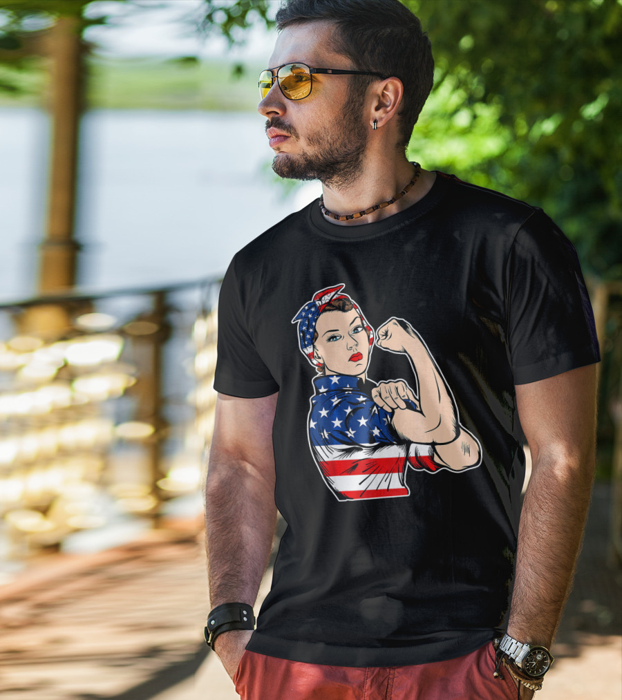 USA Flag Rosie The Riveter Bandana Feminist T-Shirt