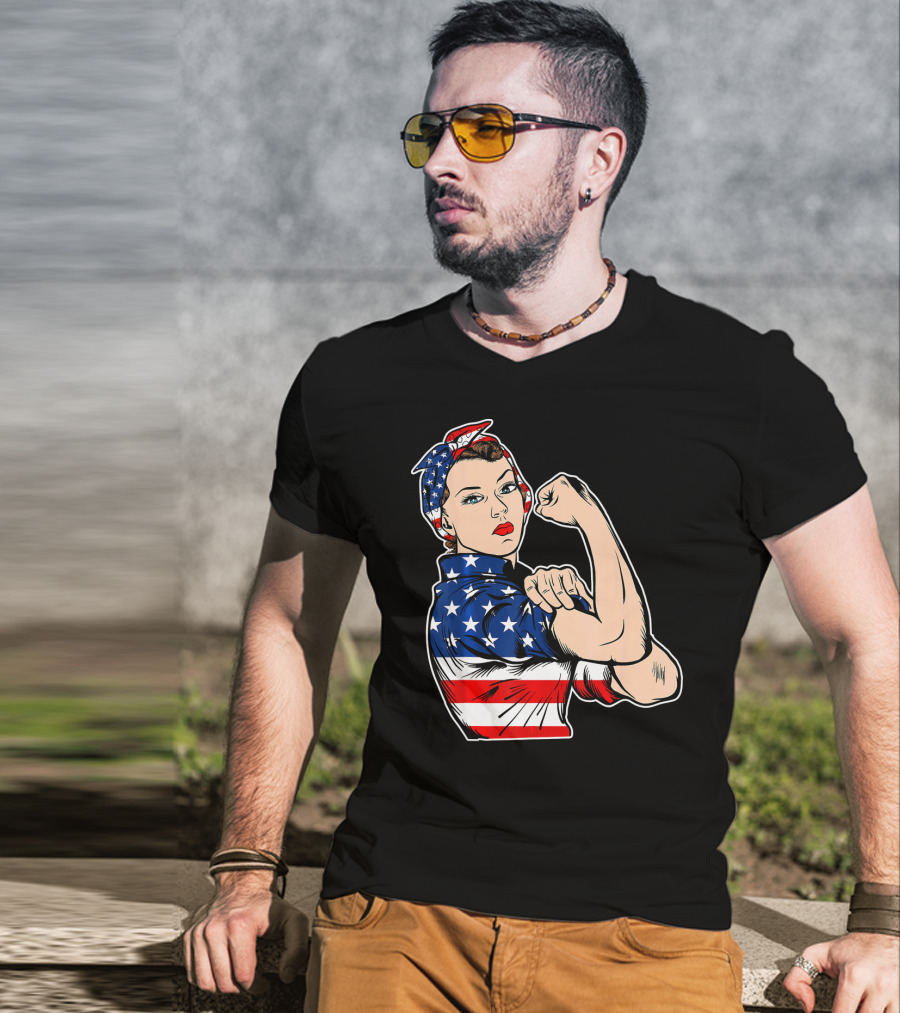 USA Flag Rosie The Riveter Bandana Feminist T-Shirt
