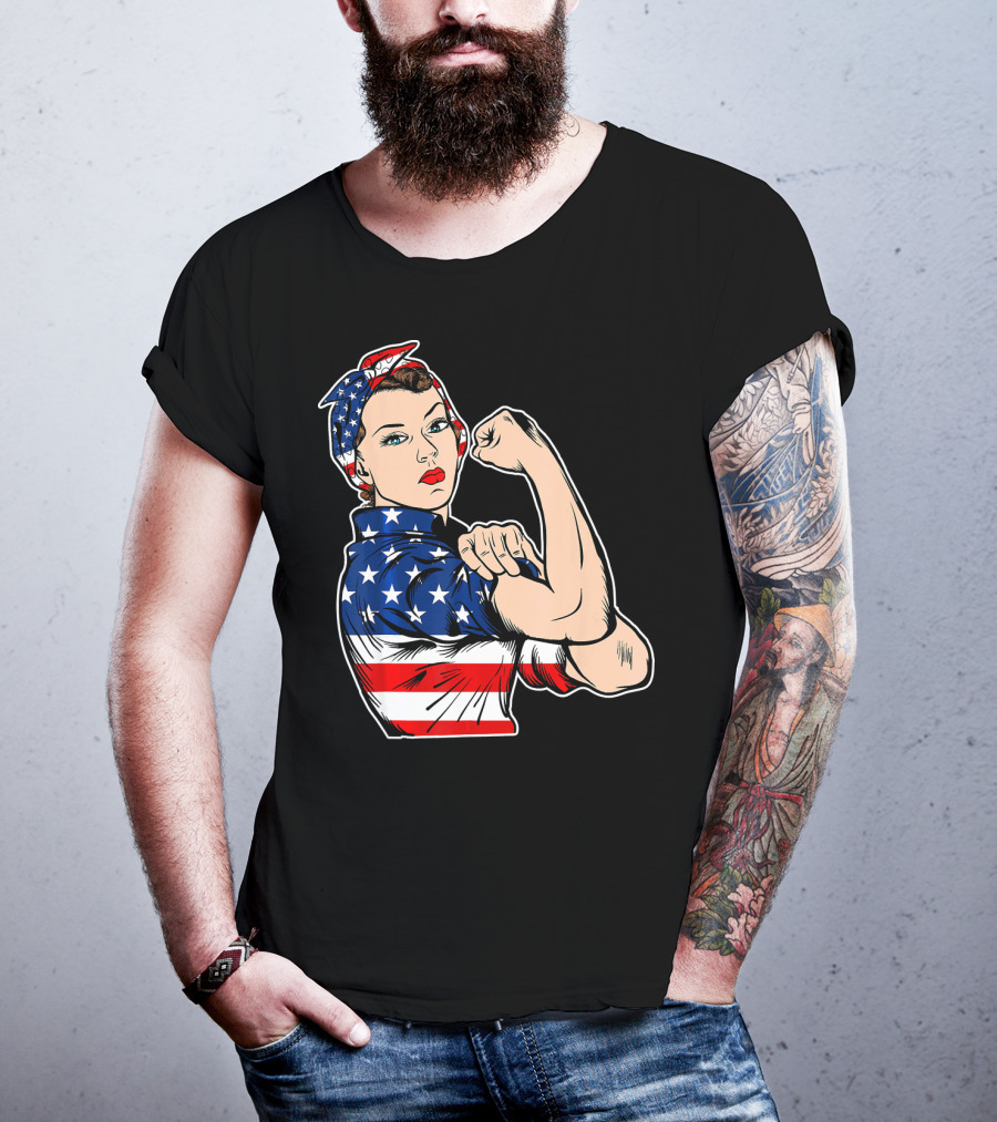 USA Flag Rosie The Riveter Bandana Feminist T-Shirt