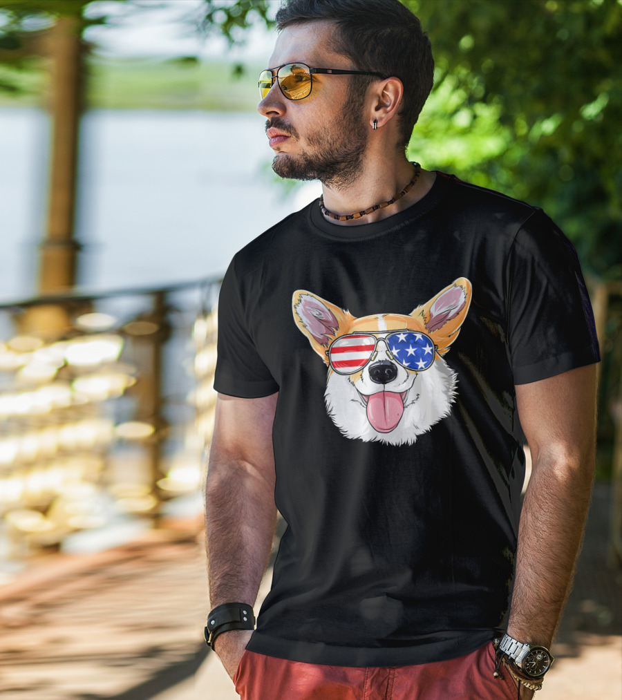 Patriotic Corgi With American Flag Sunglasses T-Shirt