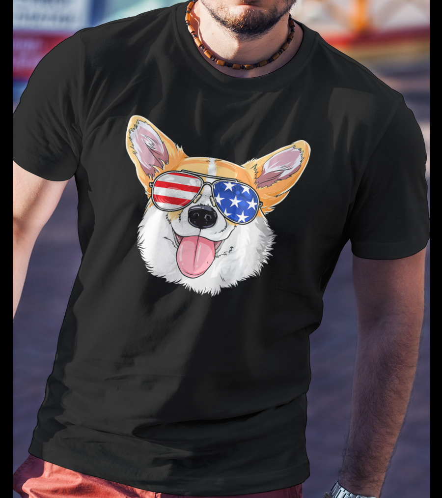 Patriotic Corgi With American Flag Sunglasses T-Shirt