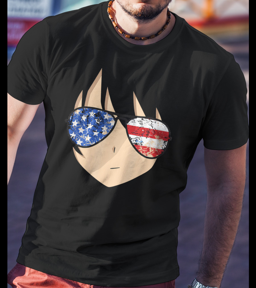 American Anime Face With Stars And Stripes USA Sunglasses T-Shirt