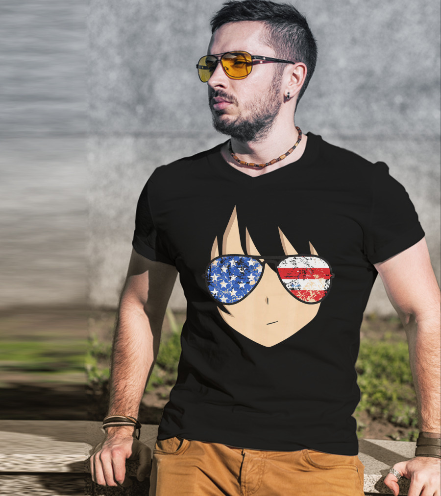 American Anime Face With Stars And Stripes USA Sunglasses T-Shirt
