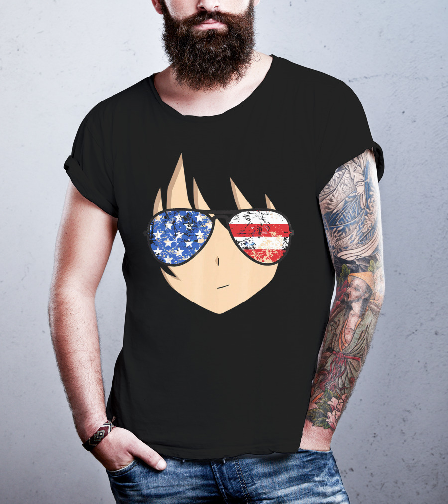 American Anime Face With Stars And Stripes USA Sunglasses T-Shirt