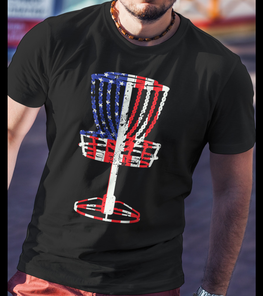 Patriotic USA Disc Golf Basket American Flag Frisbee Golfing T-Shirt