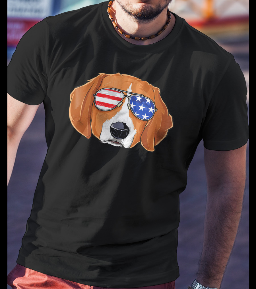 Beagle Wearing American Flag Sunglasses With Patriotic T-Shirt