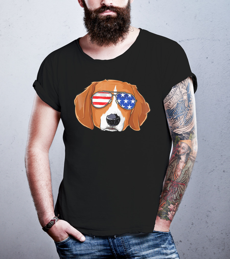 Beagle Wearing American Flag Sunglasses With Patriotic T-Shirt