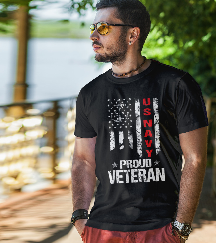 US Navy Proud Veteran Patriotic American Flag Anchor Stars T-Shirt