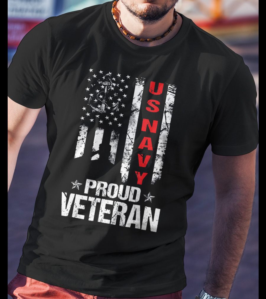 US Navy Proud Veteran Patriotic American Flag Anchor Stars T-Shirt