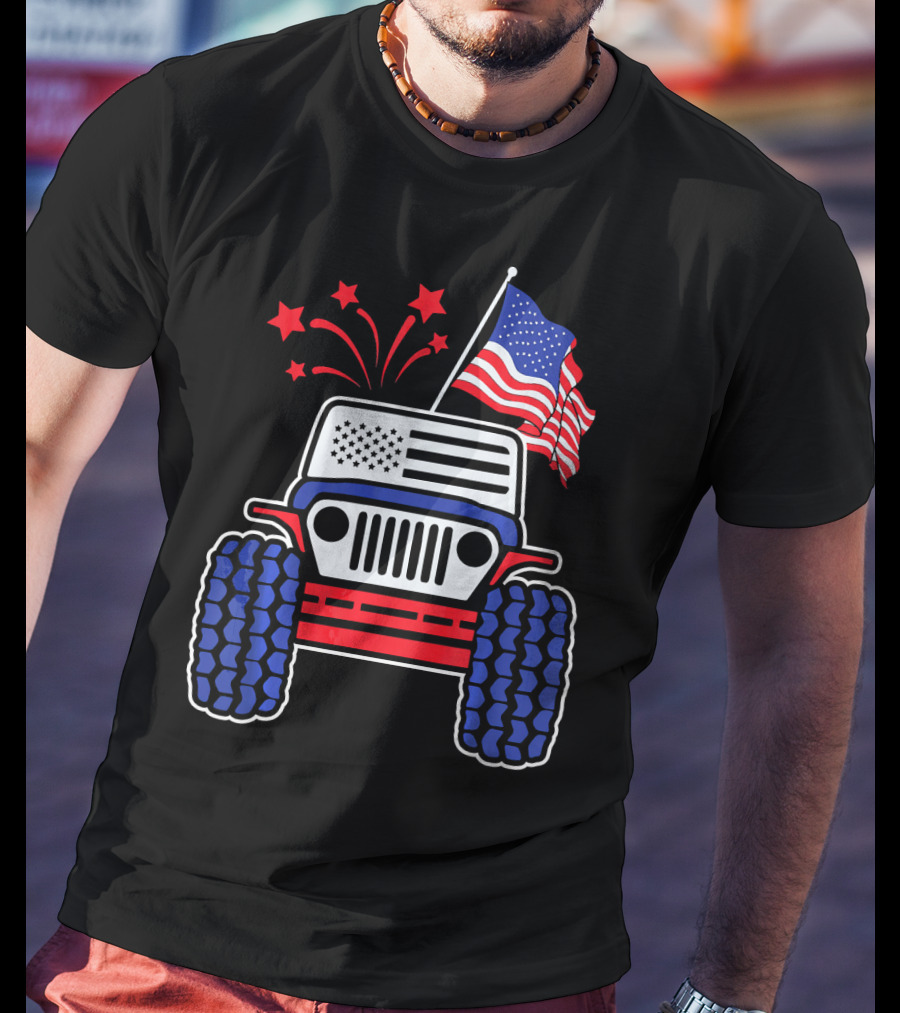 Jeep With Stars And Stripes American Flag Fireworks T-Shirt