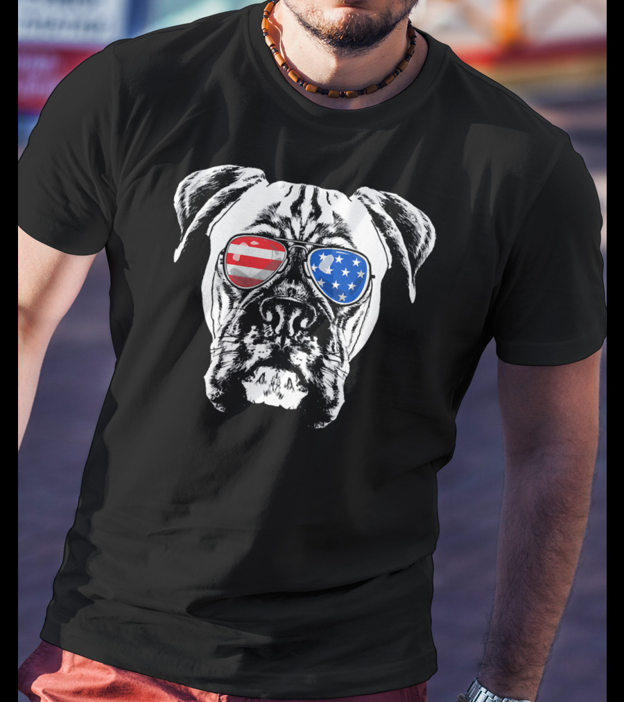 Boxer Dog American Flag Sunglasses Patriotic T-Shirt