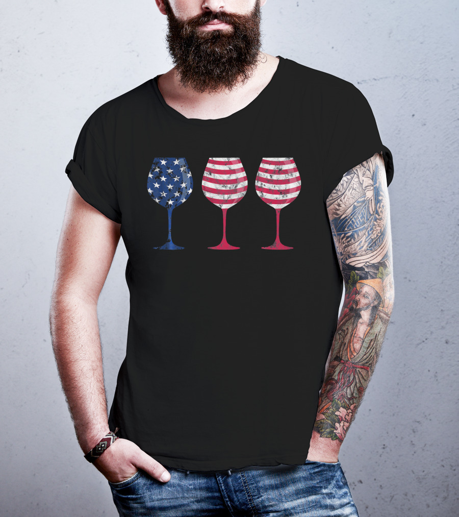 American Flag Wine Glass Trio T-Shirt