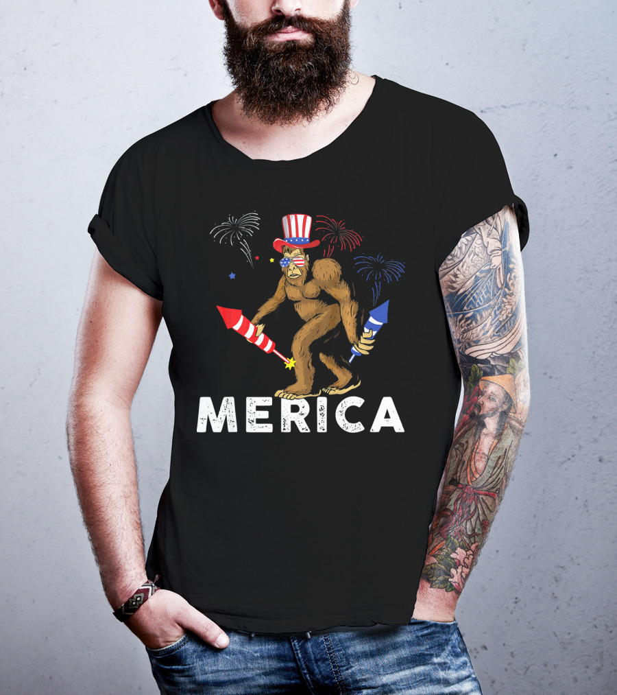 Bigfoot Merica Fireworks Patriotic Hat Independence Day T-Shirt