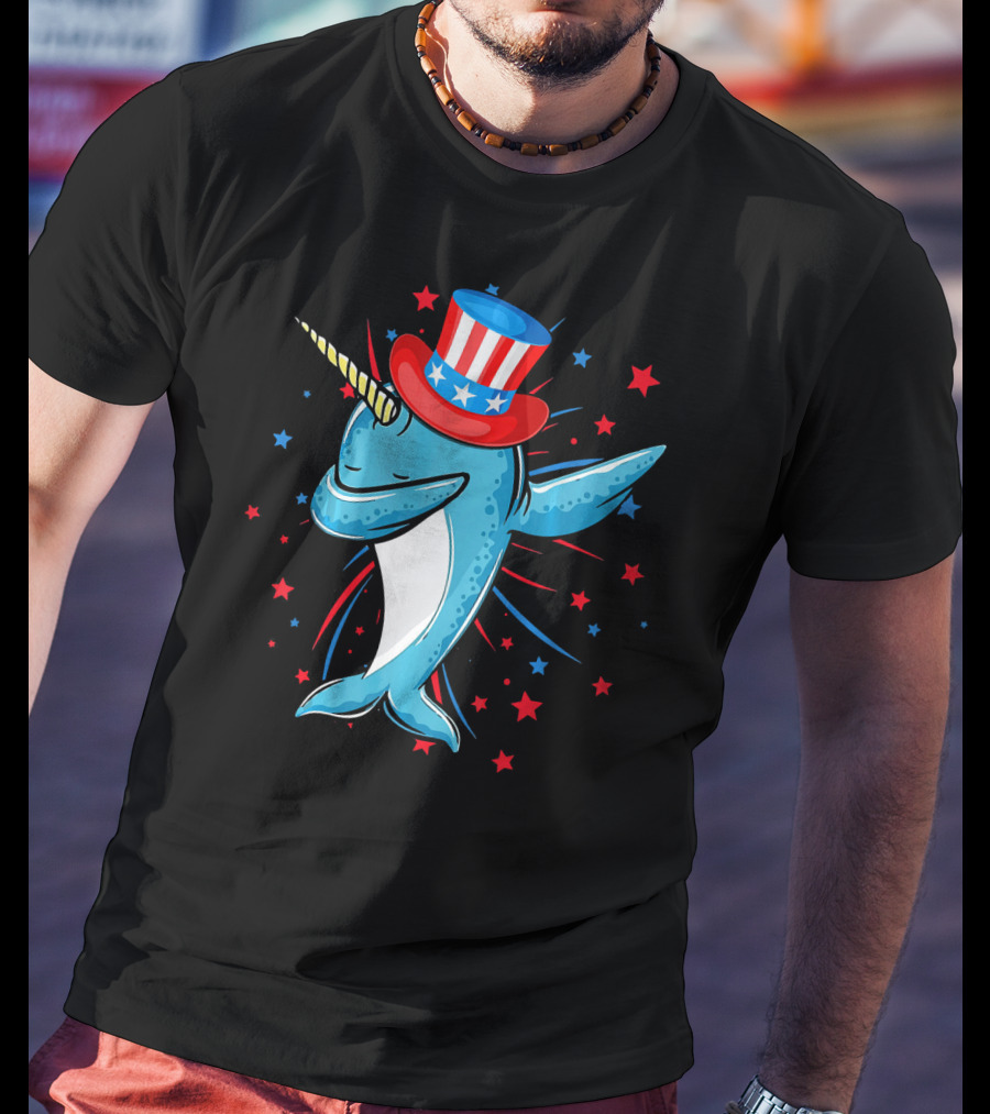 Dabbing Narwhal With Stars And Stripes Hat Firework Background T-Shirt