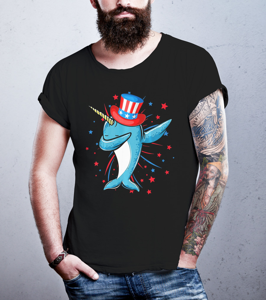 Dabbing Narwhal With Stars And Stripes Hat Firework Background T-Shirt