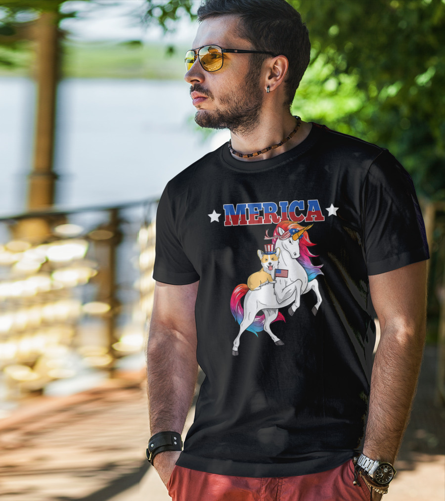 MERICA Corgi Dog Riding Unicorn With American Flag USA T-Shirt