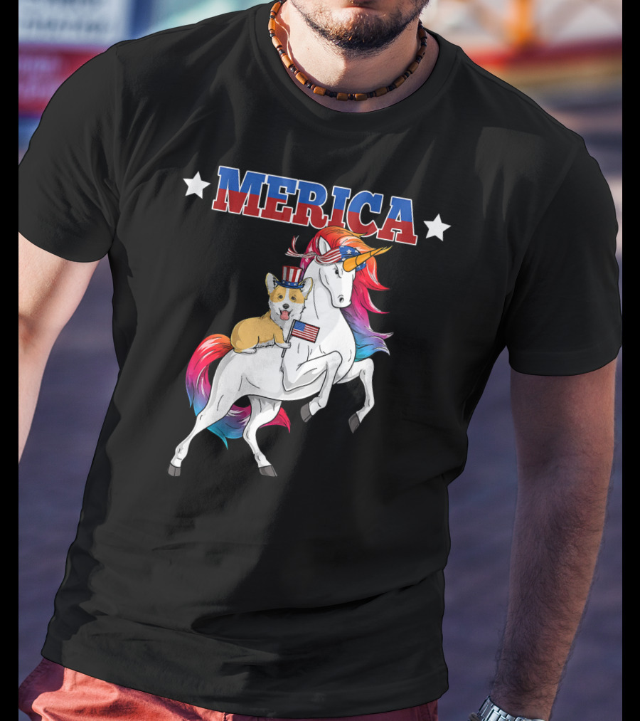 MERICA Corgi Dog Riding Unicorn With American Flag USA T-Shirt