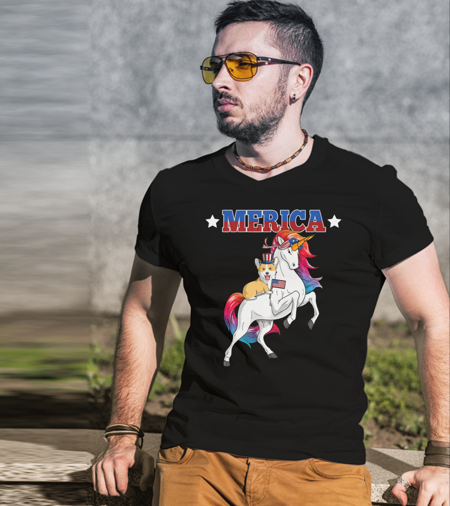 MERICA Corgi Dog Riding Unicorn With American Flag USA T-Shirt