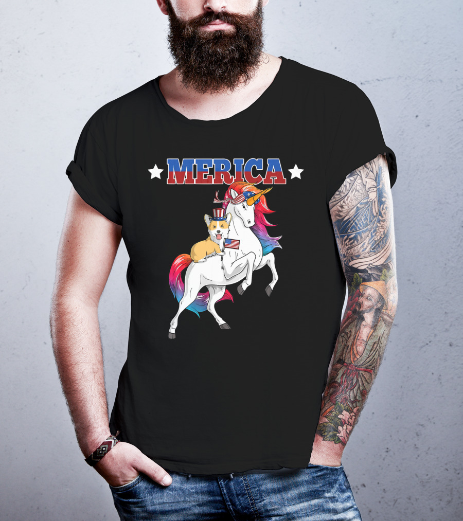 MERICA Corgi Dog Riding Unicorn With American Flag USA T-Shirt