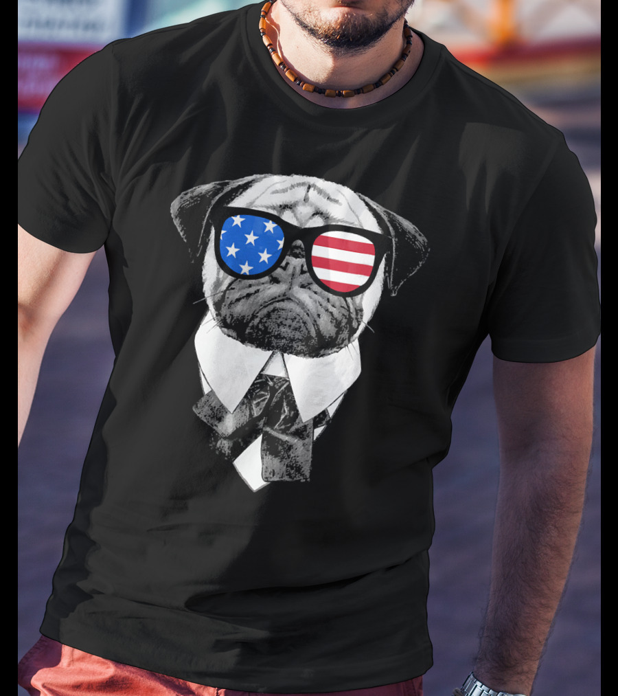 Patriotic Pug With American Flag Sunglasses And Tie T-Shirt