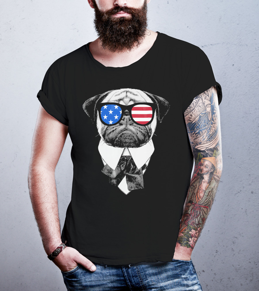 Patriotic Pug With American Flag Sunglasses And Tie T-Shirt