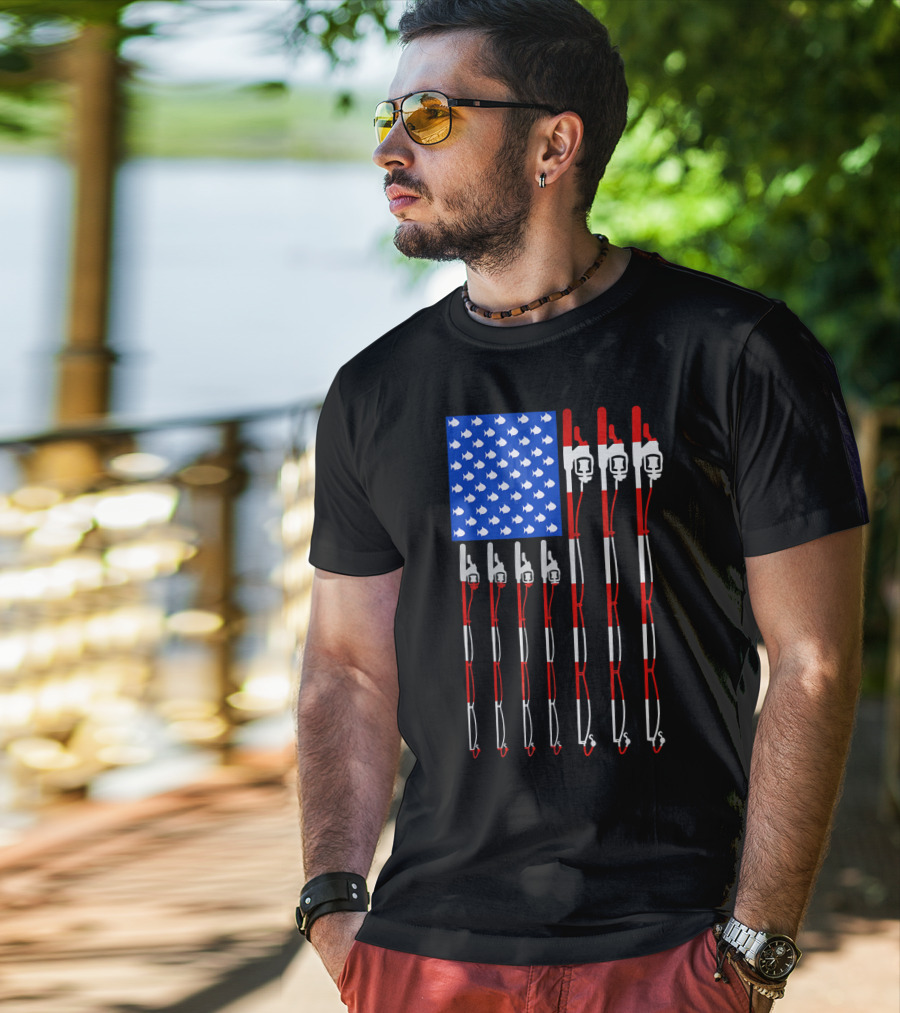 Patriotic Fishing Rod Flag Design American USA T-Shirt