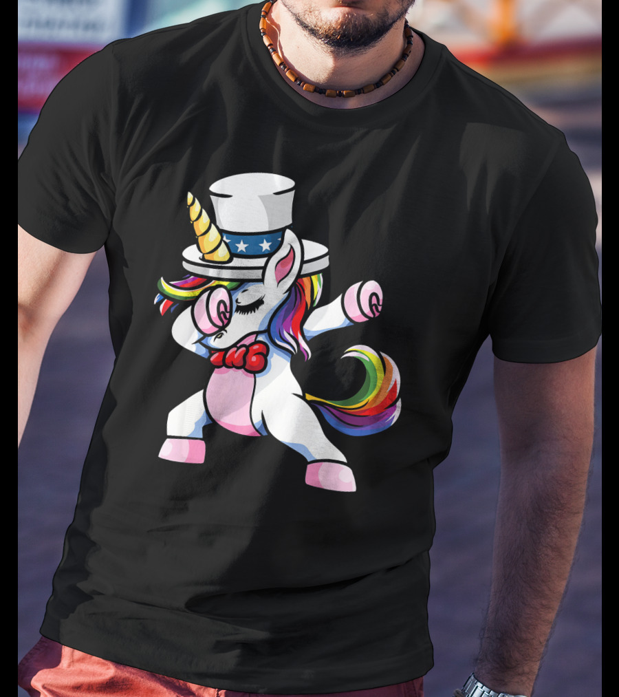 Girls Dabbing Unicorn With Patriotic American Hat T-Shirt