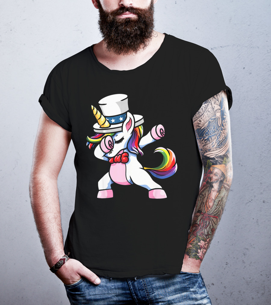 Girls Dabbing Unicorn With Patriotic American Hat T-Shirt