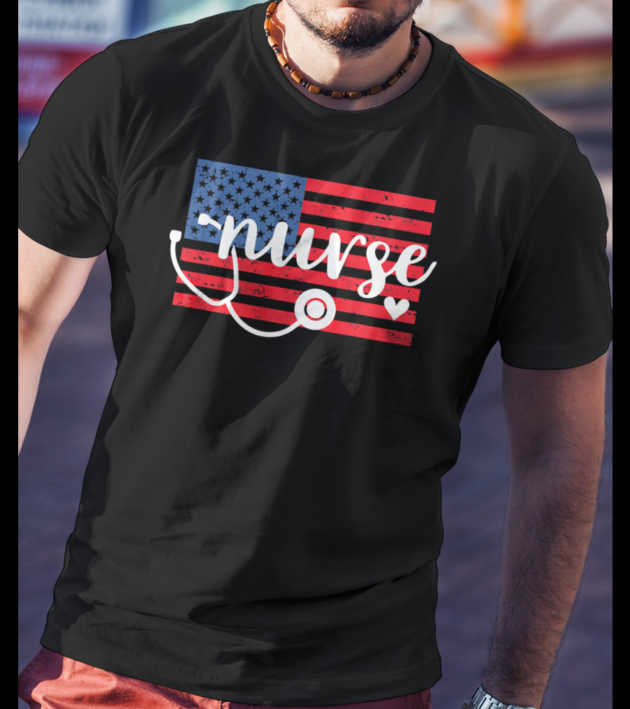 Nurse American Flag With Stethoscope And Heart T-Shirt