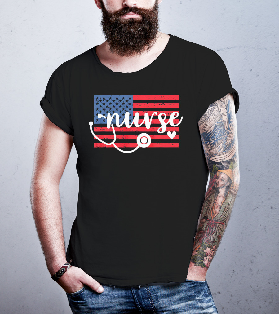 Nurse American Flag With Stethoscope And Heart T-Shirt