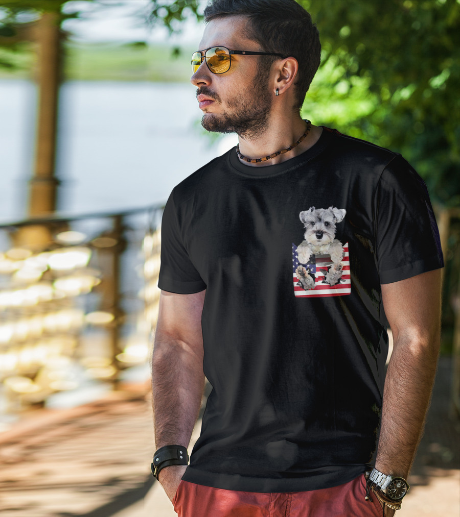 Schnauzer Dog In Pocket With American Flag T-Shirt
