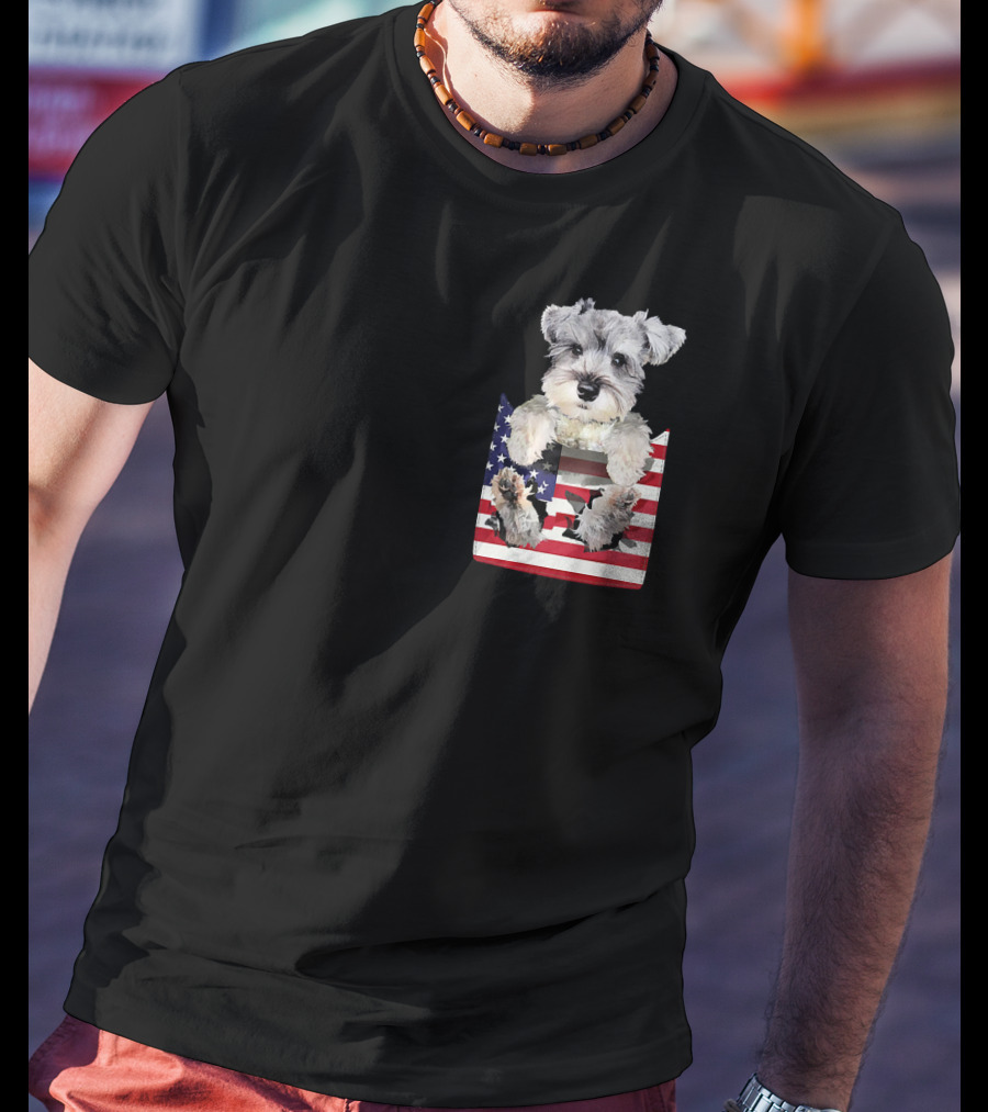 Schnauzer Dog In Pocket With American Flag T-Shirt