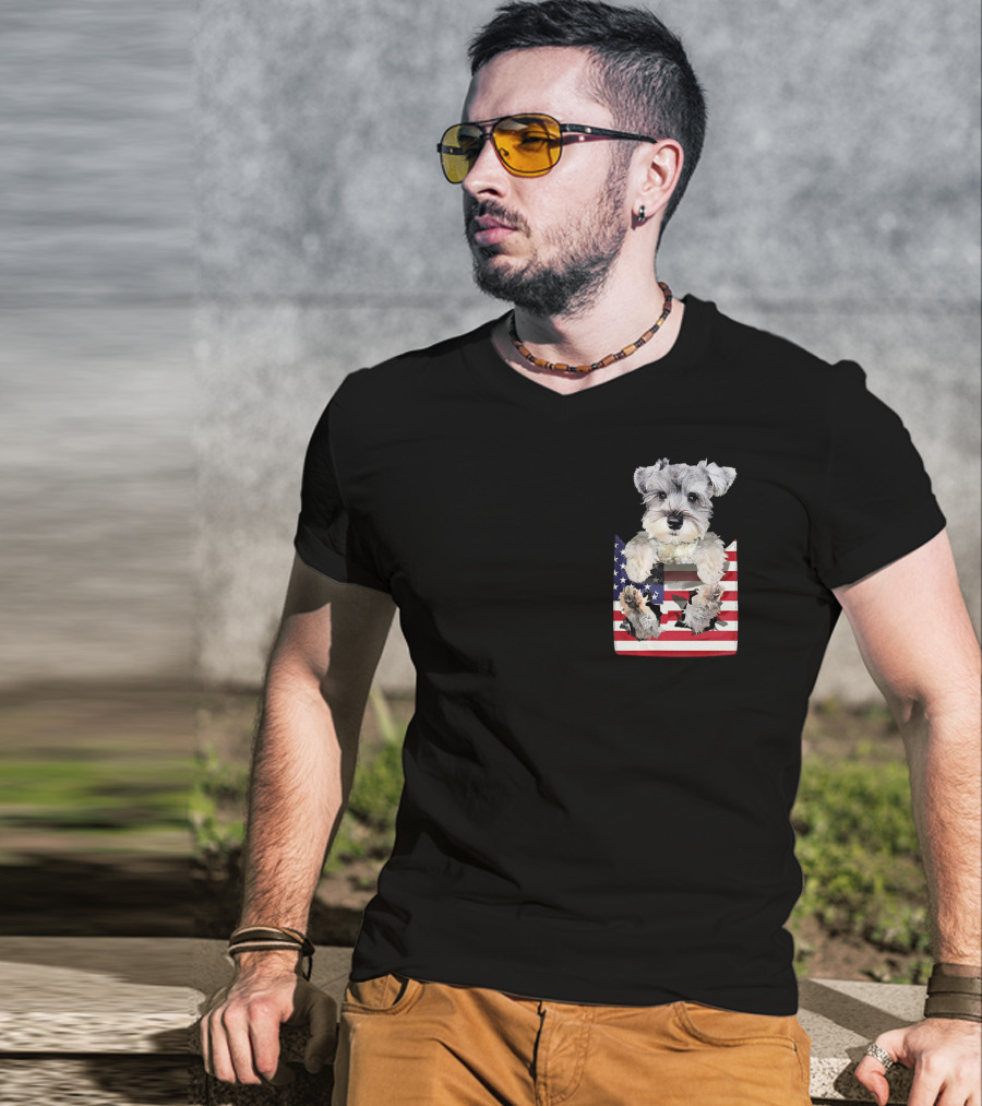 Schnauzer Dog In Pocket With American Flag T-Shirt