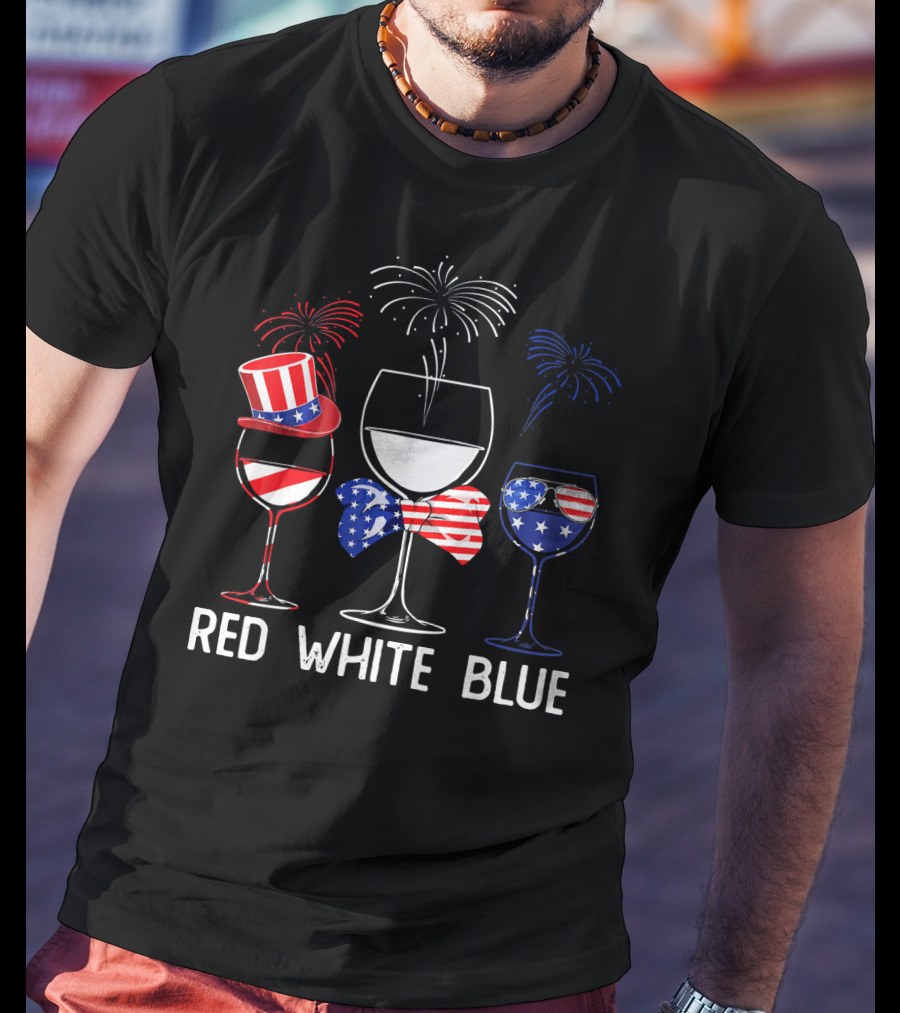 Red White Blue Wine Glasses Patriotic Fireworks USA T-Shirt