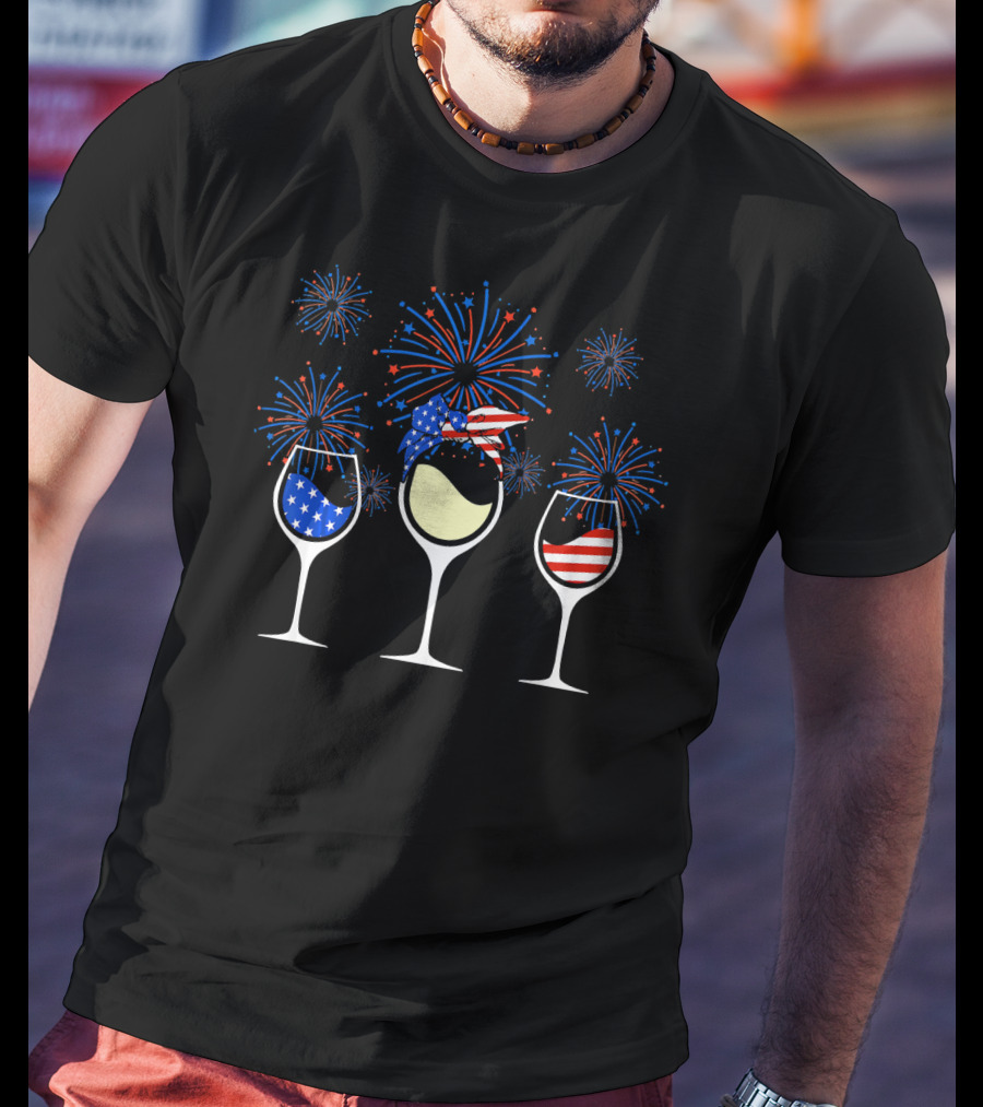 Patriotic Red White Blue Wine Glasses With Fireworks T-Shirt