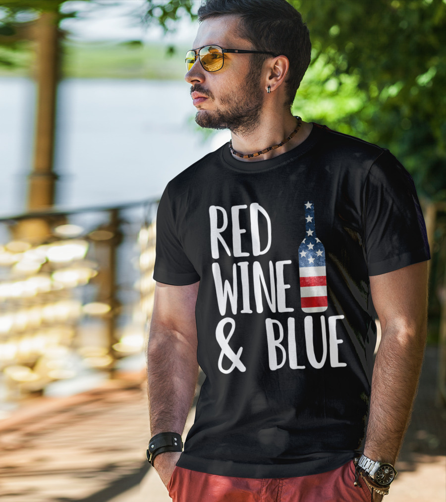 Red Wine And Blue Bottle USA Flag T-Shirt