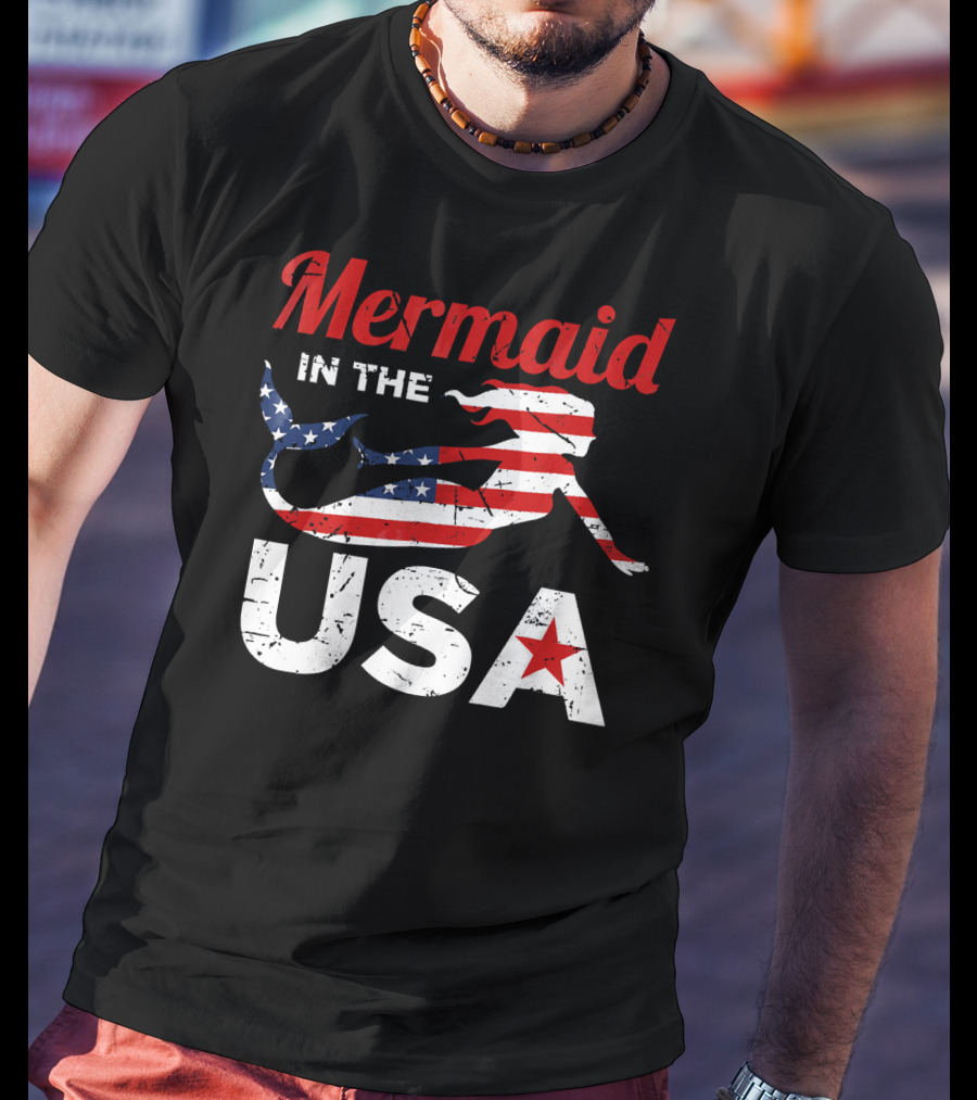Mermaid In The USA American Flag T-Shirt