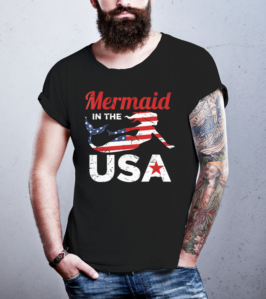 Mermaid In The USA American Flag T-Shirt