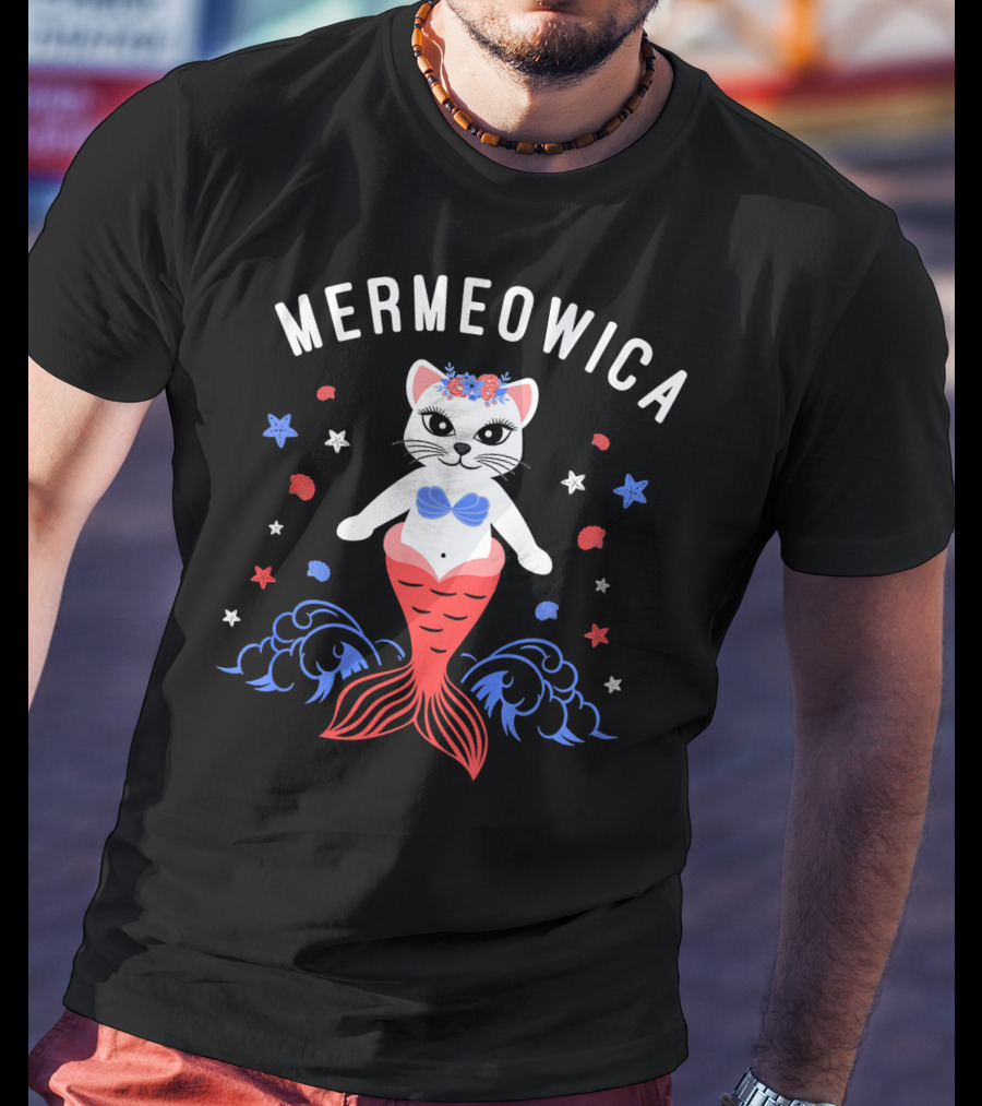 Mermeowica Patriotic Cat Mermaid With Flowers And Stars T-Shirt