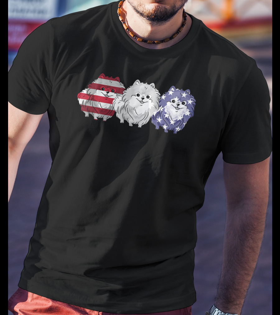 Patriotic Pomeranian Dog Lover American Flag Trio T-Shirt