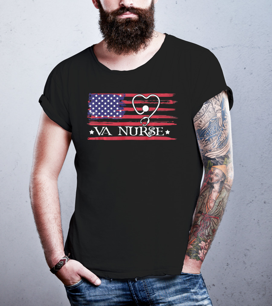 American Flag VA Nurse Heart Stethoscope Patriotic T-Shirt