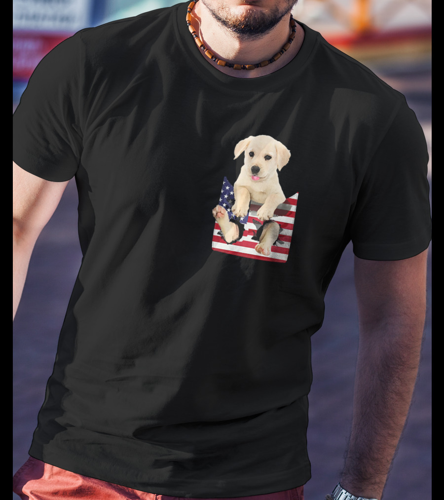Labrador Puppy Sitting In American Flag Pocket T-Shirt