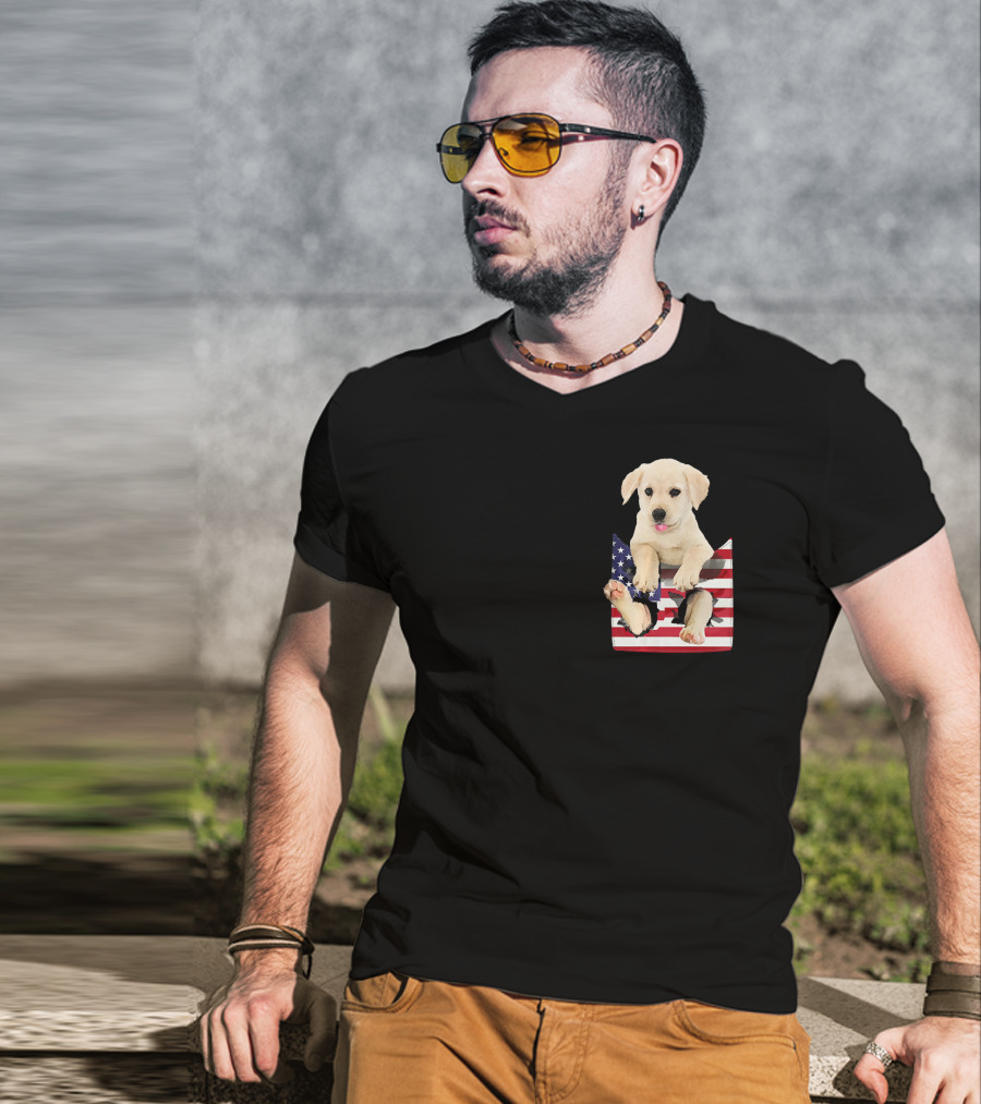 Labrador Puppy Sitting In American Flag Pocket T-Shirt