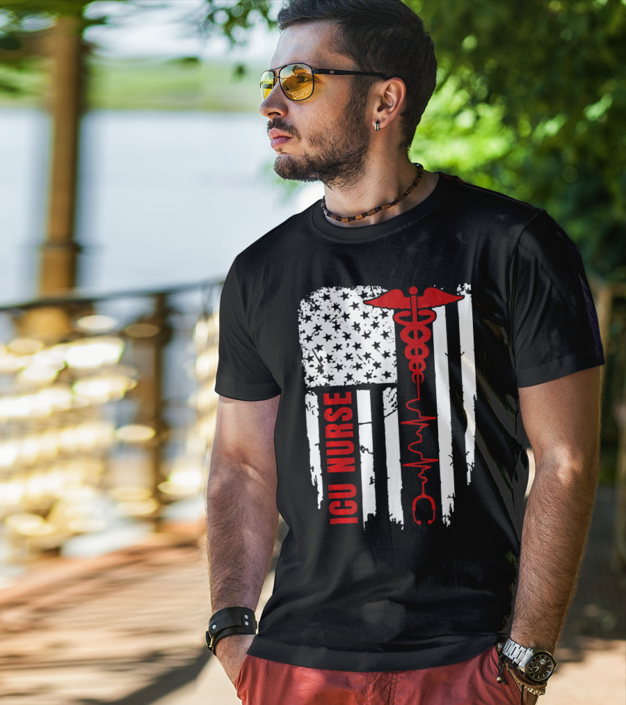 ICU Nurse American Flag Caduceus Heartbeat T-Shirt