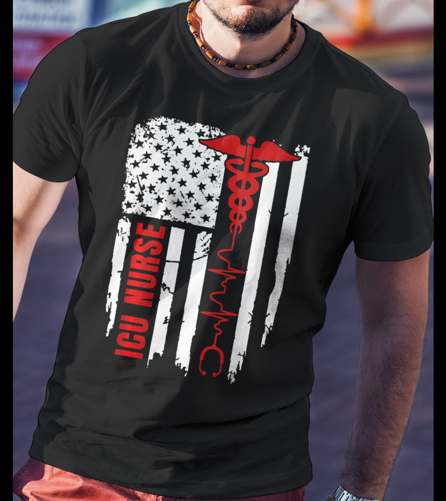 ICU Nurse American Flag Caduceus Heartbeat T-Shirt