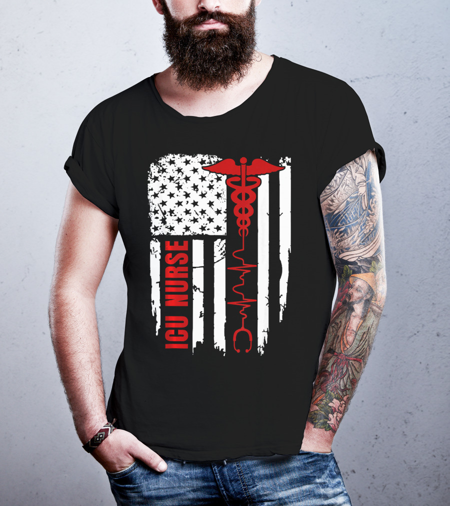 ICU Nurse American Flag Caduceus Heartbeat T-Shirt