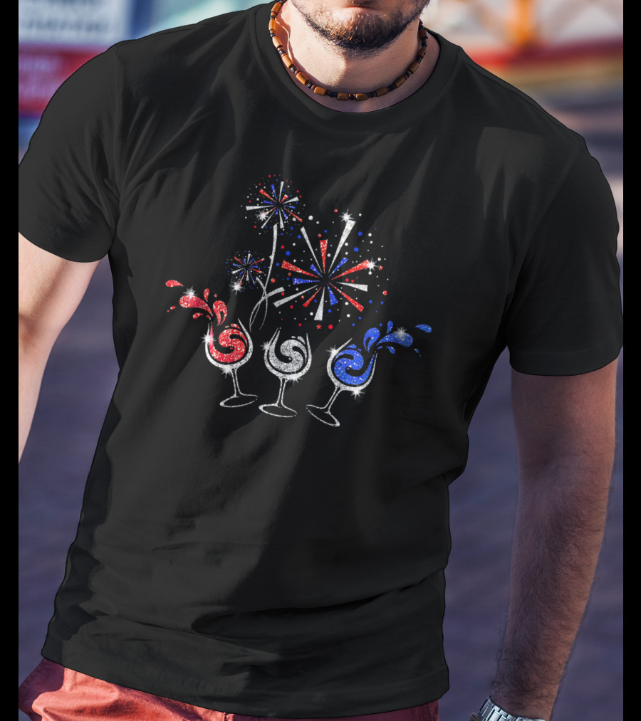 Red White And Blue Wine Glasses Fireworks T-Shirt