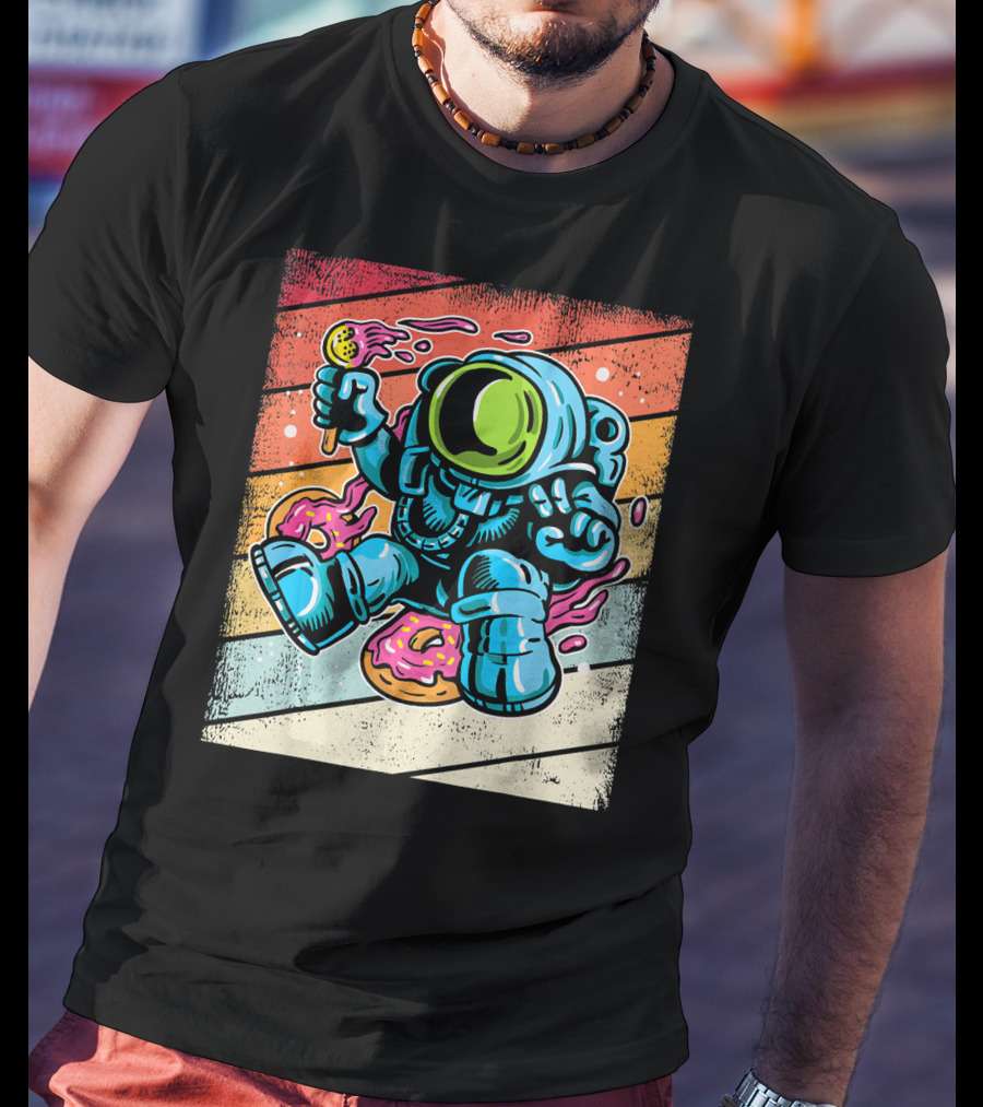Astronaut Enjoying Ice Cream And Donuts In Retro Space Suit On Colorful T-Shirt