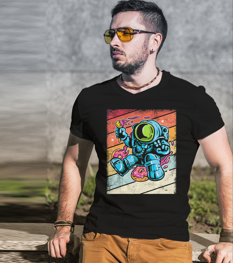Astronaut Enjoying Ice Cream And Donuts In Retro Space Suit On Colorful T-Shirt